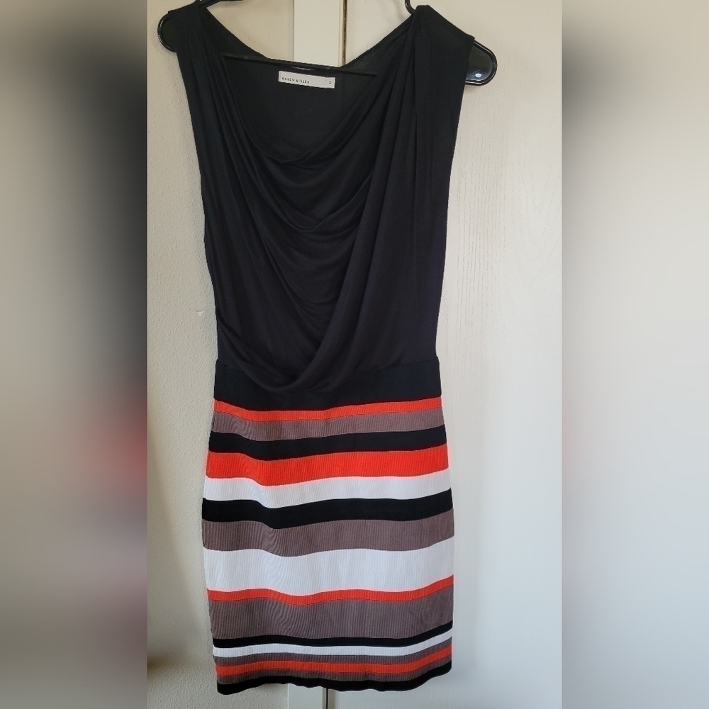 Karen Millen Multi Colored Striped Drape/ Cowl Neck Top Sheath Midi Dress - Picture 5 of 10